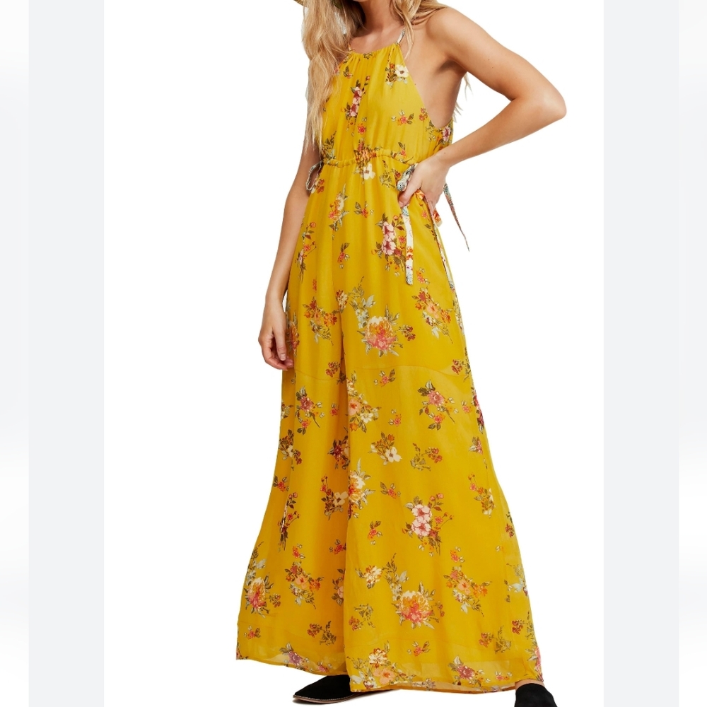 Free People Yellow Floral Halter Maxi Jumpsuit